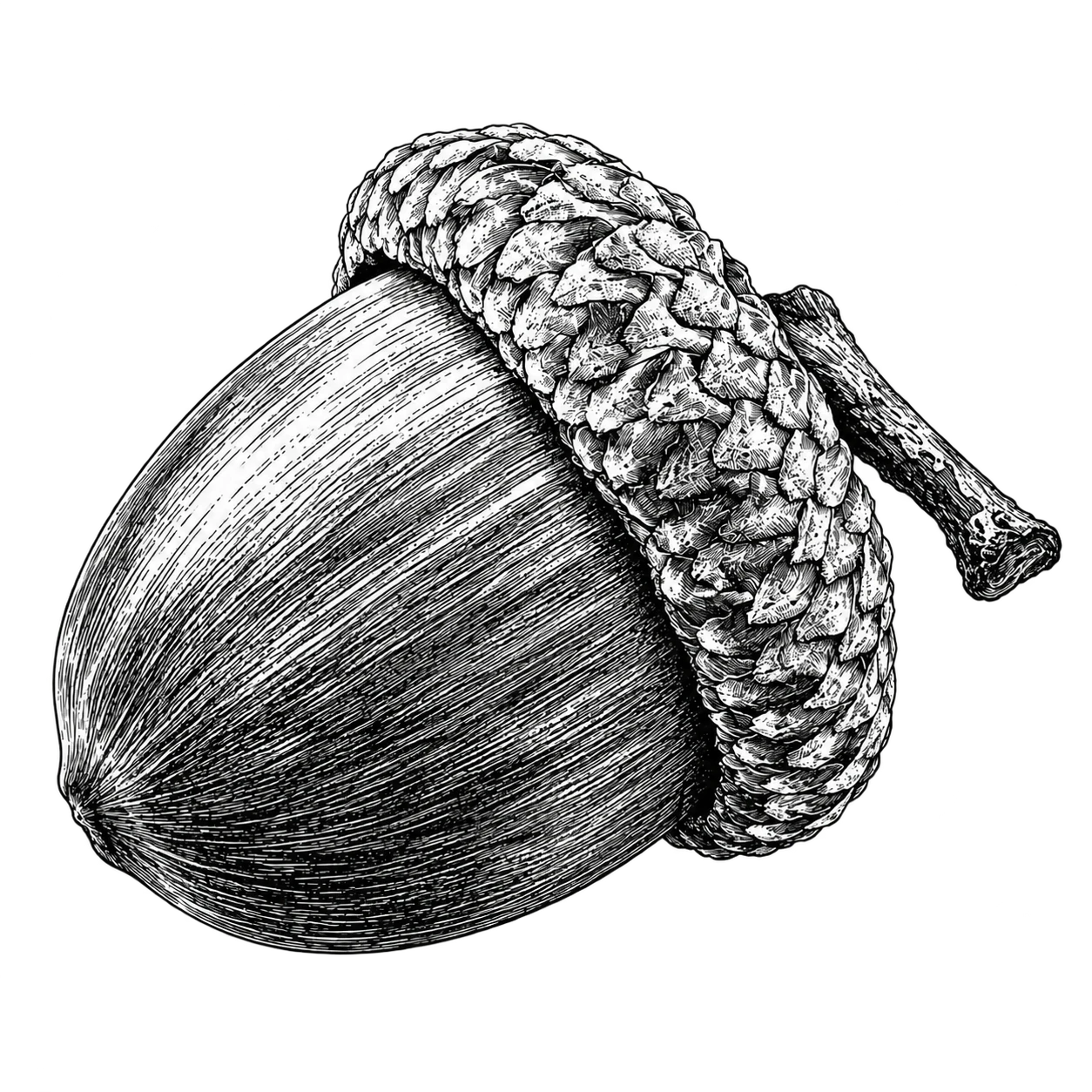 A black-ink engraving of an acorn with a textured cap and a short stem.